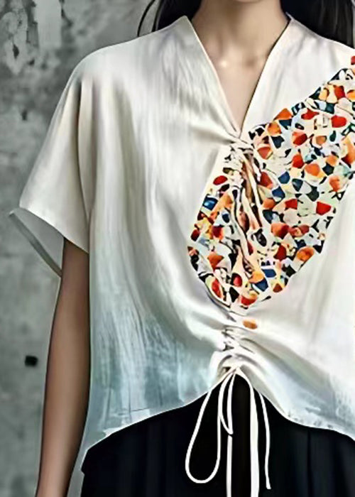 French White V Neck Print Lace Up Cotton Top Summer