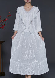 French White V Neck Ruffles Silk Velvet Long Dress Fall