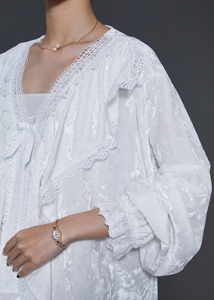 French White V Neck Ruffles Silk Velvet Long Dress Fall