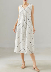 French White V Neck Striped Chiffon Dresses Sleeveless