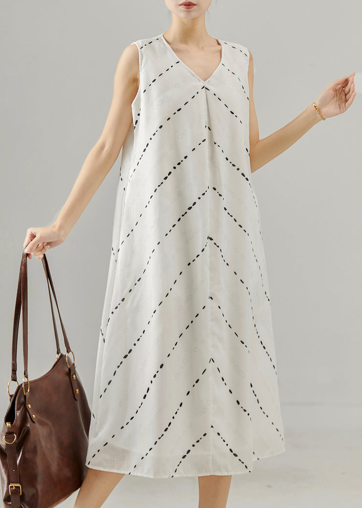 French White V Neck Striped Chiffon Dresses Sleeveless