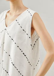 French White V Neck Striped Chiffon Dresses Sleeveless