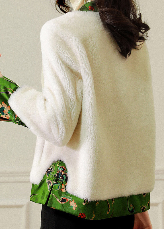 French White V Neck Tasseled Patchwork Wool Coat Winter