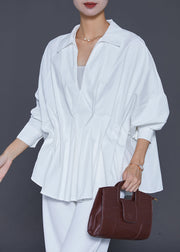 French White V Neck Wrinkled Cotton Blouses Fall