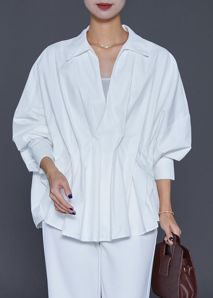 French White V Neck Wrinkled Cotton Blouses Fall