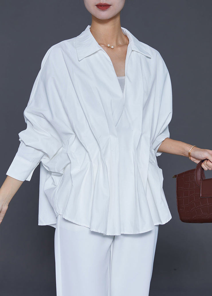 French White V Neck Wrinkled Cotton Blouses Fall