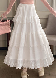French White Wrinkled Elastic Waist Cotton Skirts Summer