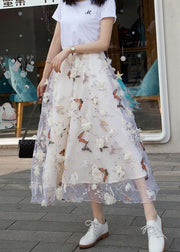 French White Wrinkled Patchwork Print Tulle Skirts Spring