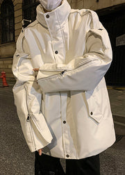 French White Zip Up Button Faux Leather Men Parka Spring