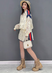 French White Zippered Patchwork Lace UPF 50+ Coat Jacket And Shorts Two-Piece Set Summer