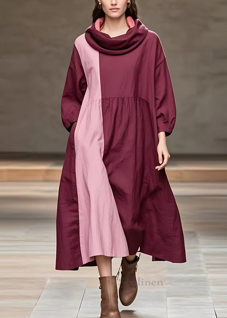 French Wine Red Pockets Patchwork Cotton Long Dress Long Sleeve