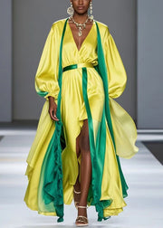 French Yellow Asymmetrical Patchwork Silk Robe Dresses Spring