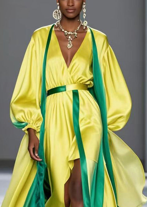 French Yellow Asymmetrical Patchwork Silk Robe Dresses Spring