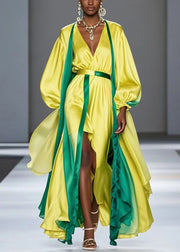 French Yellow Asymmetrical Patchwork Silk Robe Dresses Spring