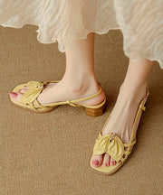 French Yellow Bow Hollow Out Chunky Sandals Peep Toe