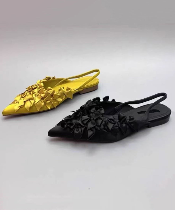 French Yellow Bow Pointed Toe Flat Sandals