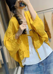 French Yellow Button Pockets Linen Coats Batwing Sleeve