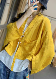 French Yellow Button Pockets Linen Coats Batwing Sleeve