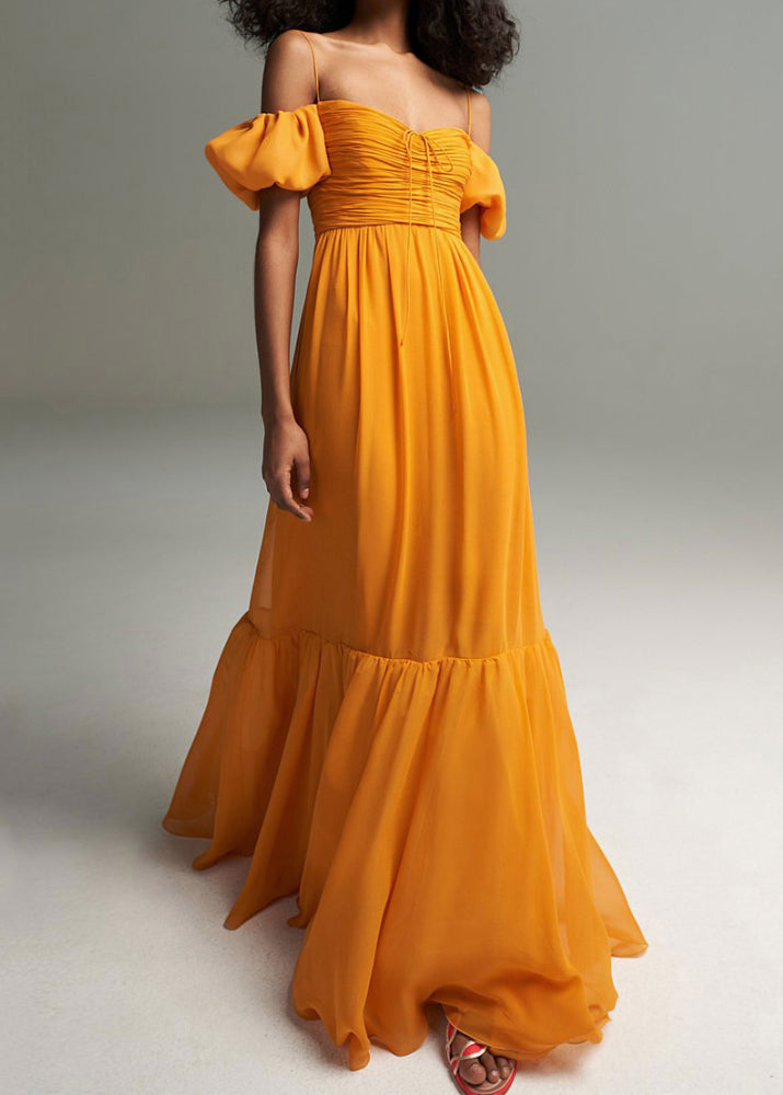 French Yellow Cinched Cold Shoulder Chiffon Long Dresses Summer