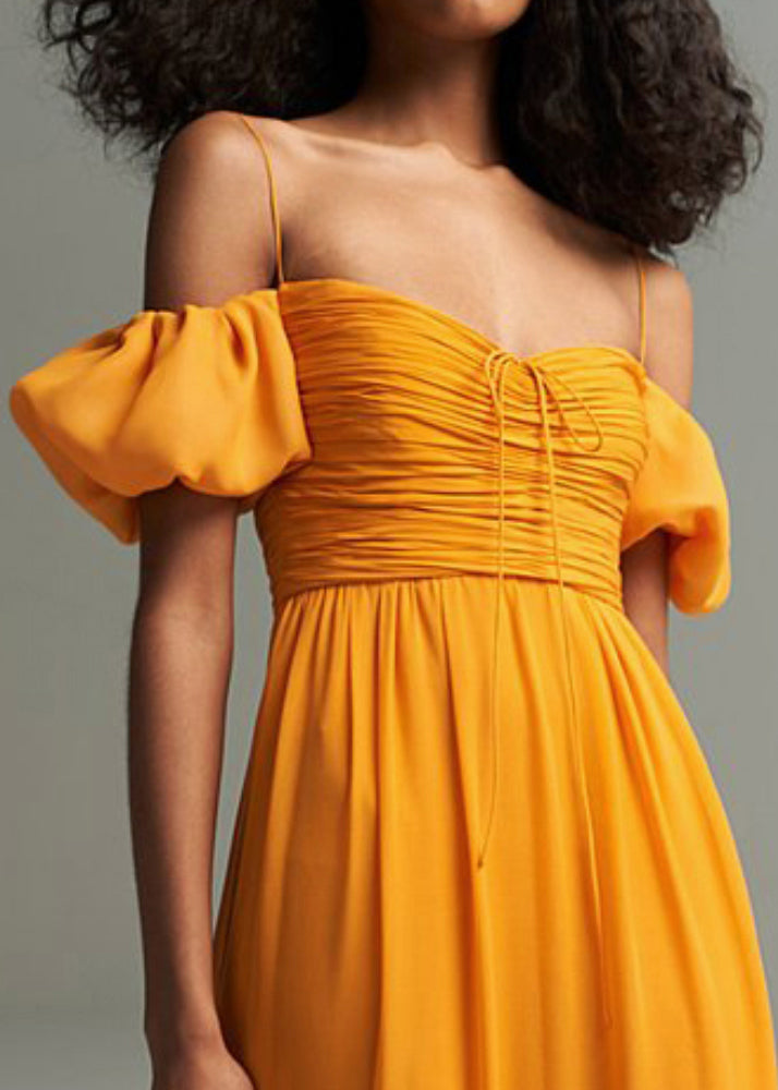 French Yellow Cinched Cold Shoulder Chiffon Long Dresses Summer