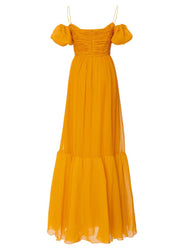 French Yellow Cinched Cold Shoulder Chiffon Long Dresses Summer