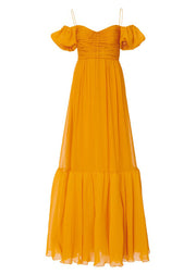 French Yellow Cinched Cold Shoulder Chiffon Long Dresses Summer