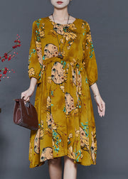 French Yellow Cinched Print Chiffon Dresses Summer