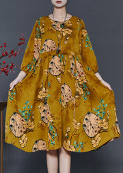 French Yellow Cinched Print Chiffon Dresses Summer