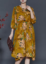 French Yellow Cinched Print Chiffon Dresses Summer