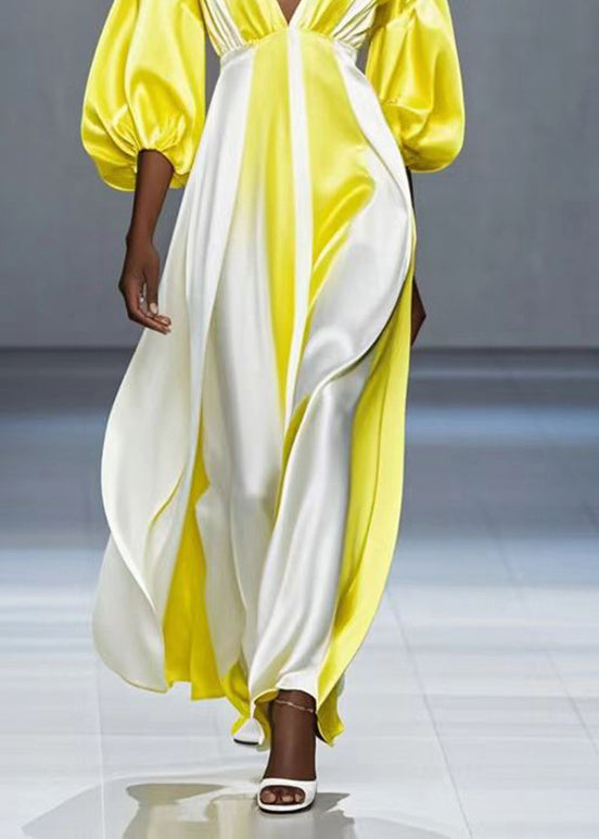 French Yellow Deep-V Neck Patchwork Silk Dress Lantern Sleeve