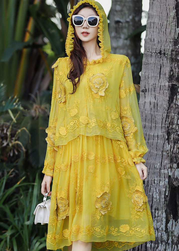 French Yellow Embroidered Patchwork Silk Hooded Dresses Summer