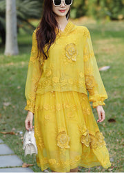 French Yellow Embroidered Patchwork Silk Hooded Dresses Summer