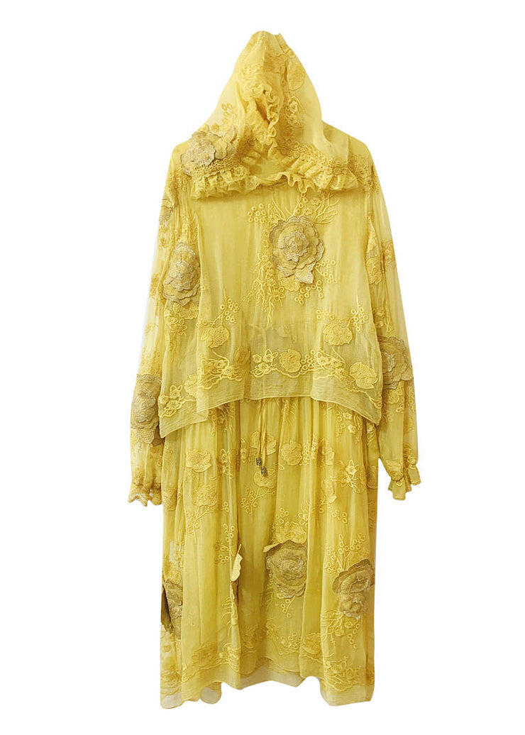 French Yellow Embroidered Patchwork Silk Hooded Dresses Summer