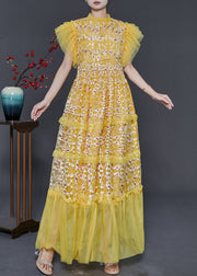 French Yellow Embroidered Patchwork Tulle Holiday Dress Summer