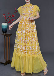 French Yellow Embroidered Patchwork Tulle Holiday Dress Summer