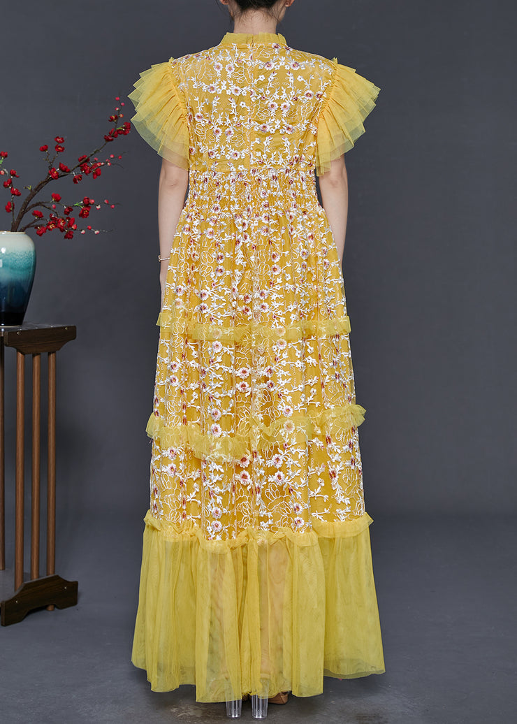 French Yellow Embroidered Patchwork Tulle Holiday Dress Summer