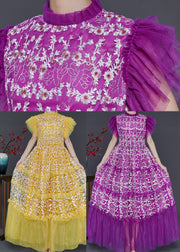 French Yellow Embroidered Patchwork Tulle Holiday Dress Summer