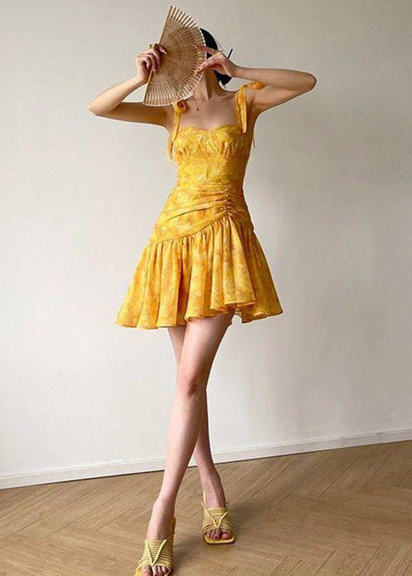 French Yellow Embroidered Slim Fit Strap Dresses Summer