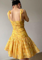 French Yellow Embroidered Slim Fit Strap Dresses Summer