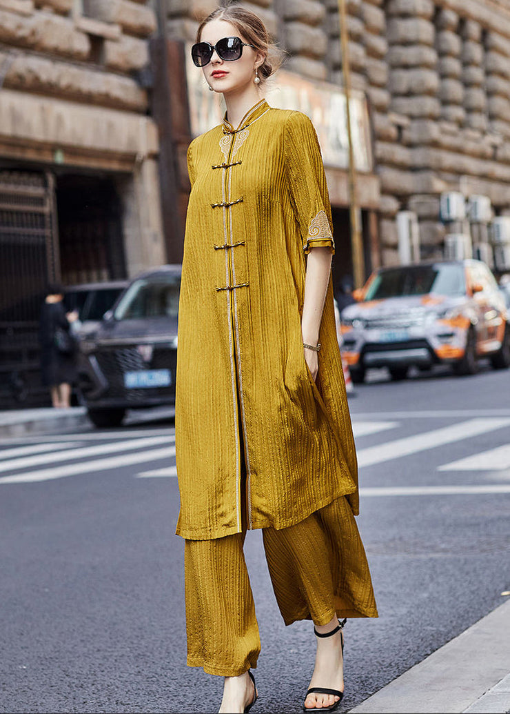 French Yellow Embroidered Chinese Button Silk Two-Piece Set Fall