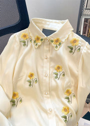 French Yellow Floral Embroideried Patchwork Silk Shirt Tops Spring