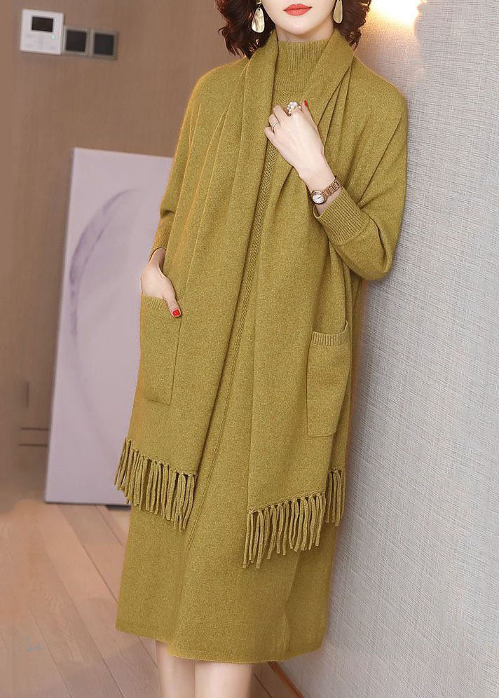 French Yellow High Neck Tassel Solid Color Knit Two-Piece Set Winter