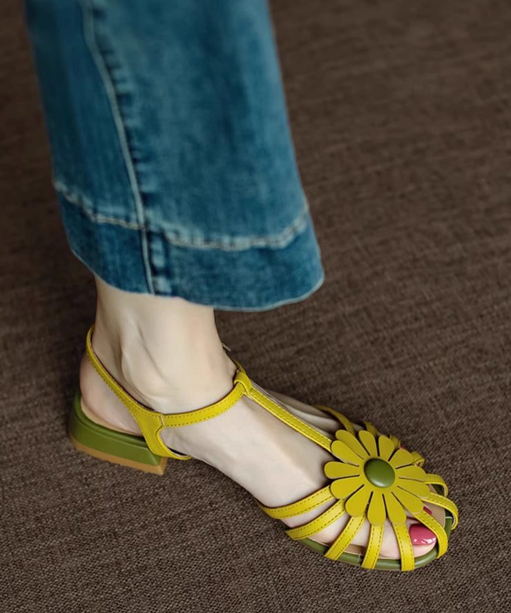French Yellow Hollow Out Sandals Splicing Floral Chunky