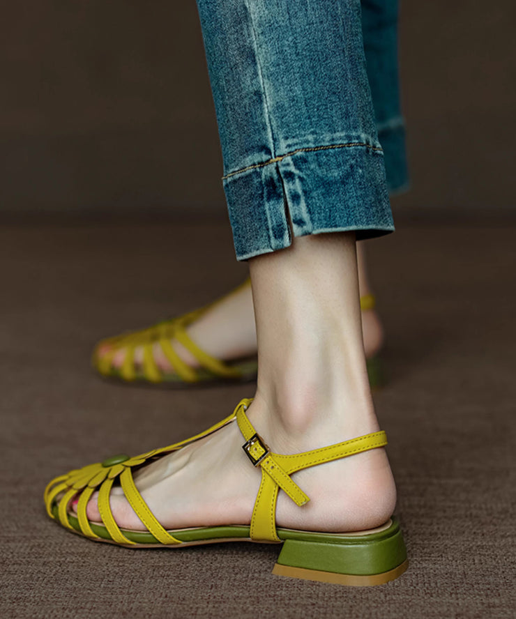 French Yellow Hollow Out Sandals Splicing Floral Chunky