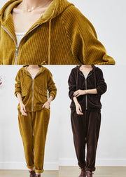 French Yellow Hooded Oversized Corduroy Two Pieces Set Fall