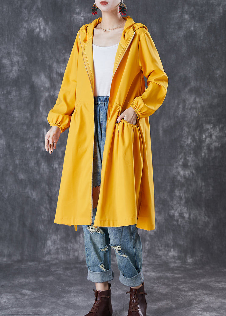 French Yellow Hooded Pockets Trench Coats Fall