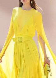 French Yellow O Neck Exra Large Hem Silk Dresses Spring