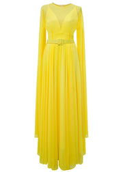 French Yellow O Neck Exra Large Hem Silk Dresses Spring