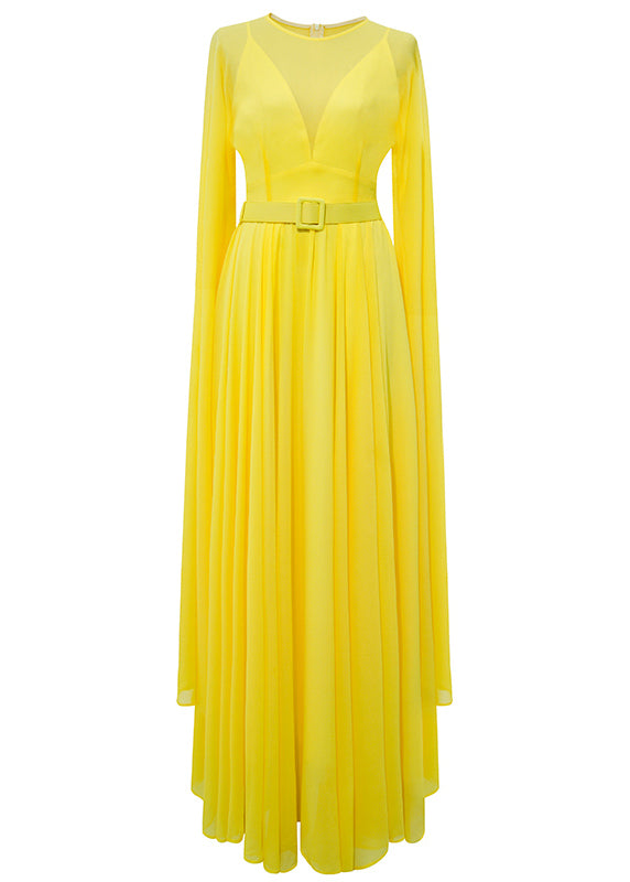 French Yellow O Neck Exra Large Hem Silk Dresses Spring