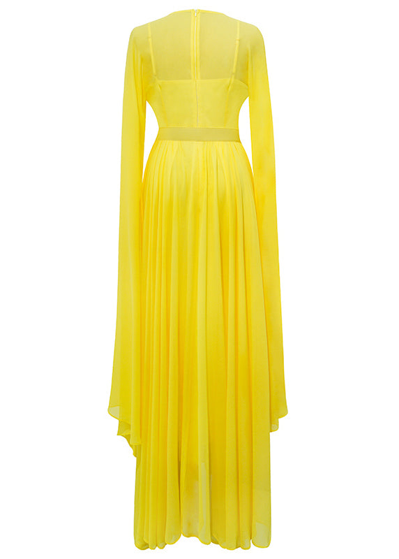 French Yellow O Neck Exra Large Hem Silk Dresses Spring